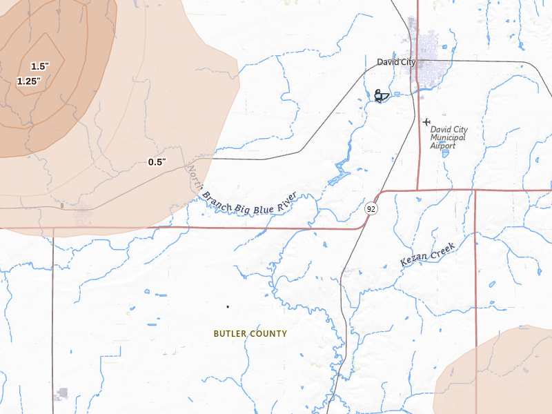 Radar-estimated hail-size map of the storm over Rising City, NE on May 16, 2026