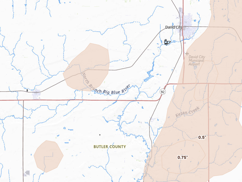 Radar-estimated hail-size map of the storm over Rising City, NE on May 18, 2026