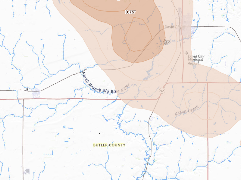 Radar-estimated hail-size map of the storm over Rising City, NE on Aug 19, 2026