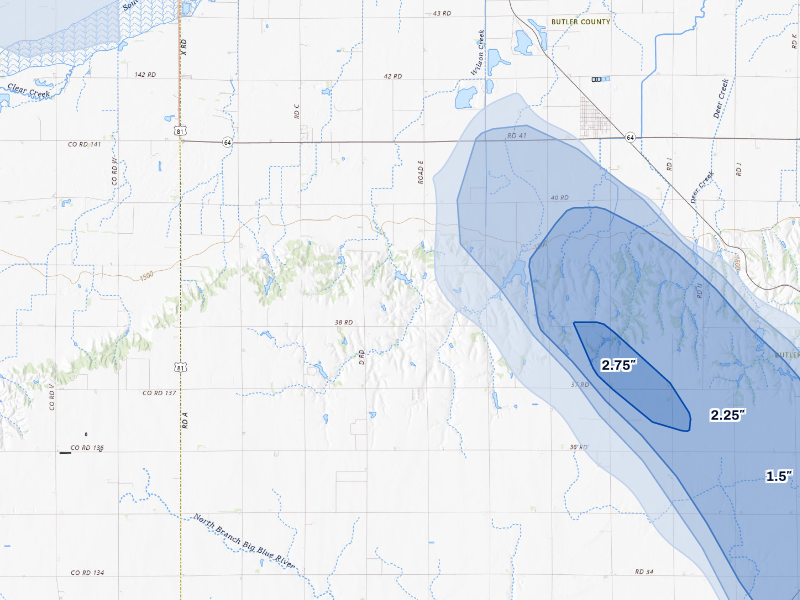NEXRAD radar-signature map of the hail storm over Rising City, NE on Aug 19, 2026