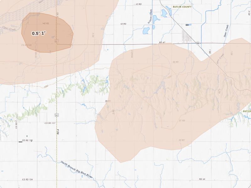 Radar-estimated hail-size map of the storm over Rising City, NE