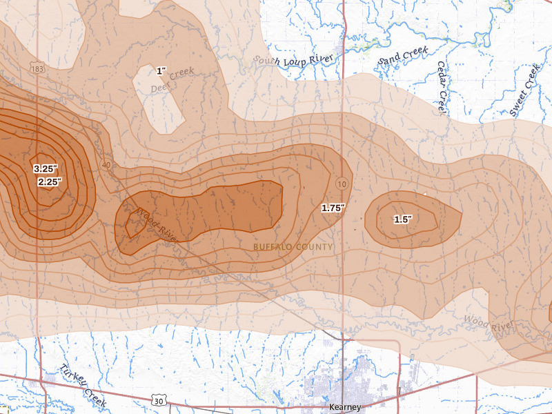 Radar-estimated hail-size map of the storm over Riverdale, NE on May 16, 2026