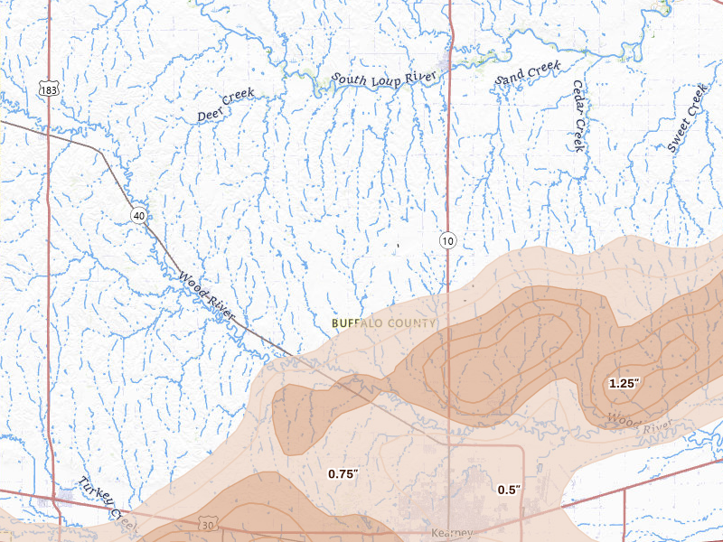 Radar-estimated hail-size map of the storm over Riverdale, NE on Jun 10, 2026