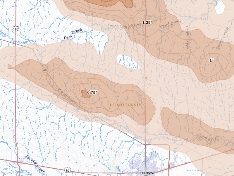 Radar-estimated hail-size map of the storm over Riverdale, NE on Jun 20, 2026