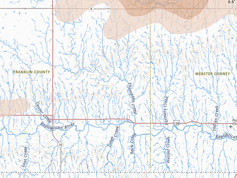 Radar-estimated hail-size map of the storm over Riverton, NE on May 16, 2026