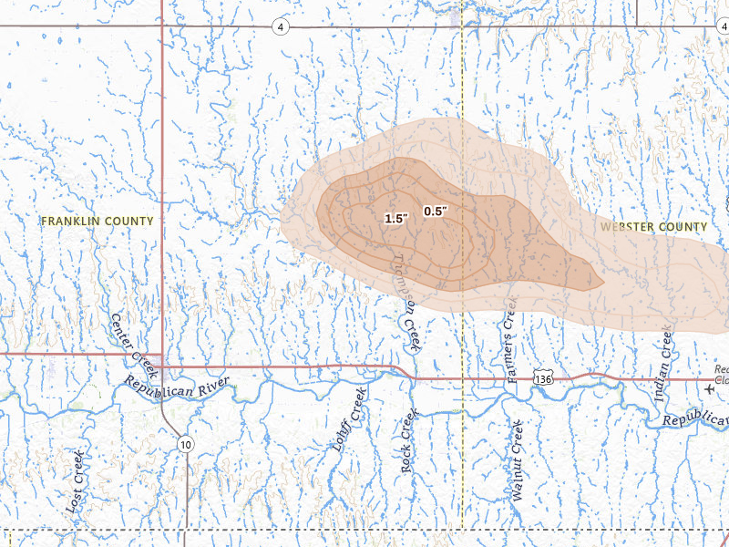 Radar-estimated hail-size map of the storm over Riverton, NE on Jul 3, 2026