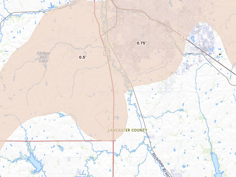 Radar-estimated hail-size map of the storm over Roca, NE on May 17, 2026