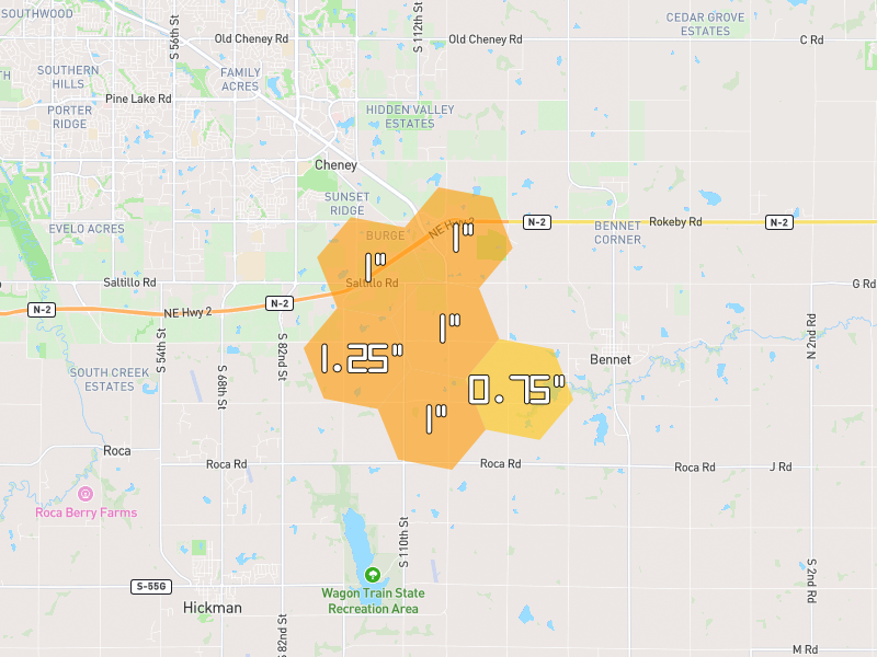 Hail map of Roca, NE on Jun 6, 2026, hail up to 1.25"