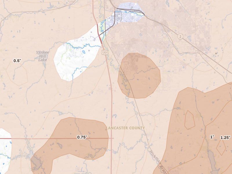 Radar-estimated hail-size map of the storm over Roca, NE on Jun 10, 2026
