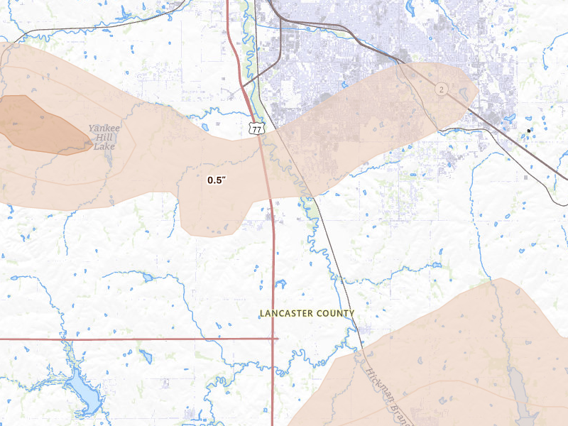 Radar-estimated hail-size map of the storm over Roca, NE on Jul 3, 2026