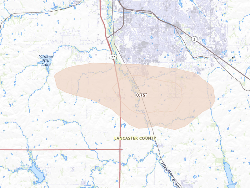 Radar-estimated hail-size map of the storm over Roca, NE on Jul 4, 2026
