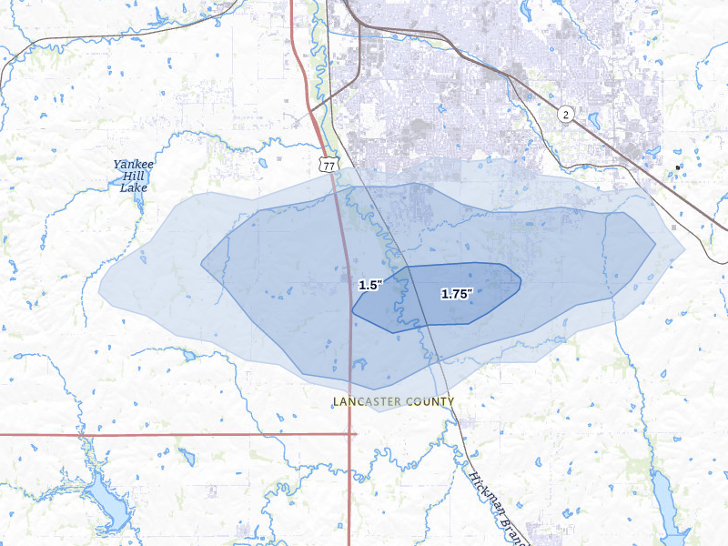 NEXRAD radar-signature map of the hail over Roca, NE