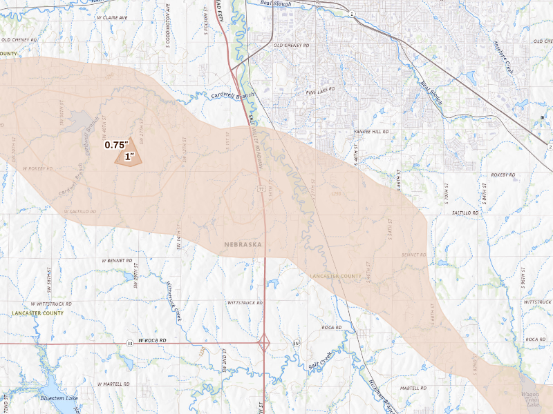 Radar-estimated hail-size map of the storm over Roca, NE