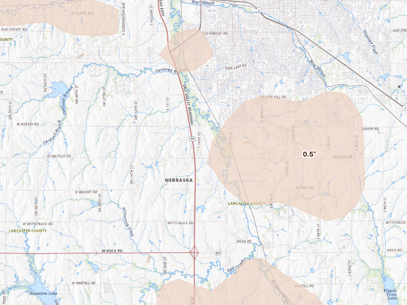 Radar-estimated hail-size map of the storm over Roca, NE