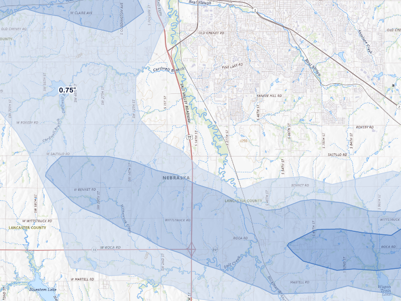 NEXRAD radar-signature map of the hail storm over Roca, NE on Sep 12, 2026