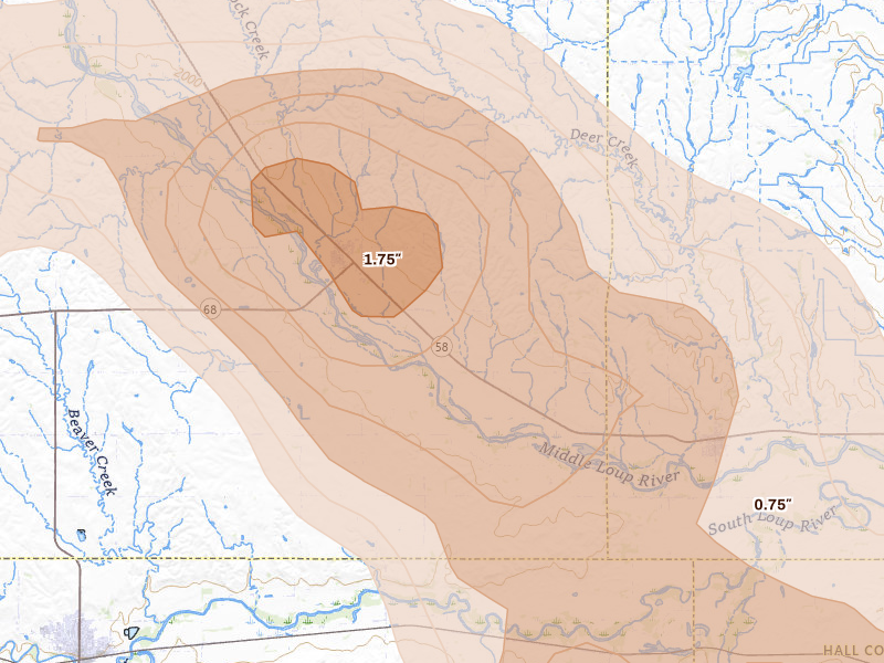 Radar-estimated hail-size map of the storm over Rockville, NE on May 16, 2026