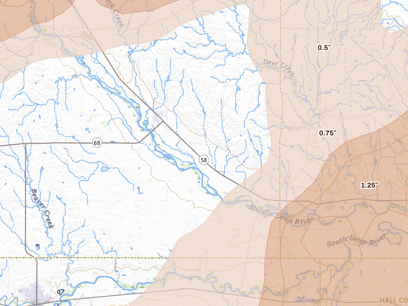 Radar-estimated hail-size map of the storm over Rockville, NE on May 17, 2026