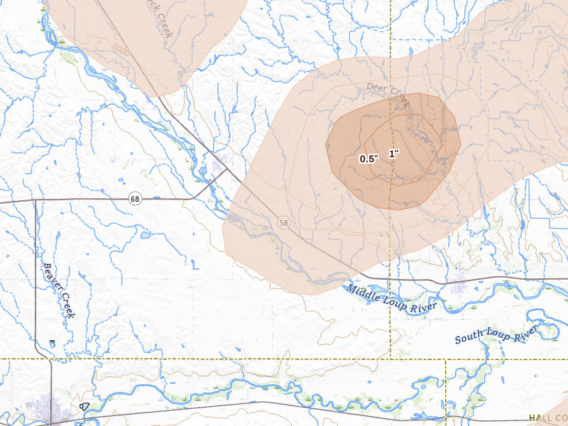 Radar-estimated hail-size map of the storm over Rockville, NE on Jun 5, 2026