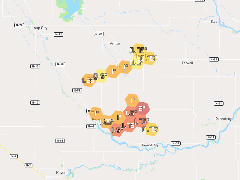 Hail map of Rockville, NE on Jun 6, 2026, hail up to 2"