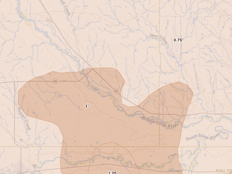 Radar-estimated hail-size map of the storm over Rockville, NE on Jun 20, 2026