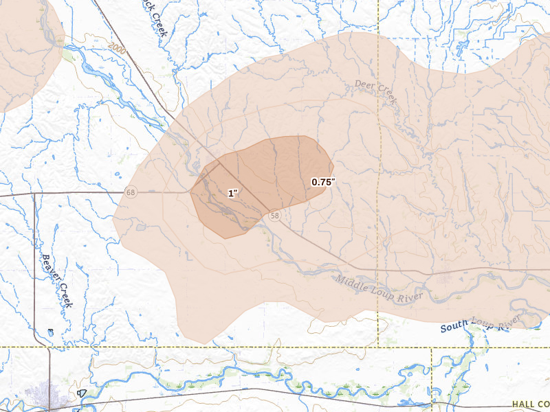 Radar-estimated hail-size map of the storm over Rockville, NE on Aug 8, 2026