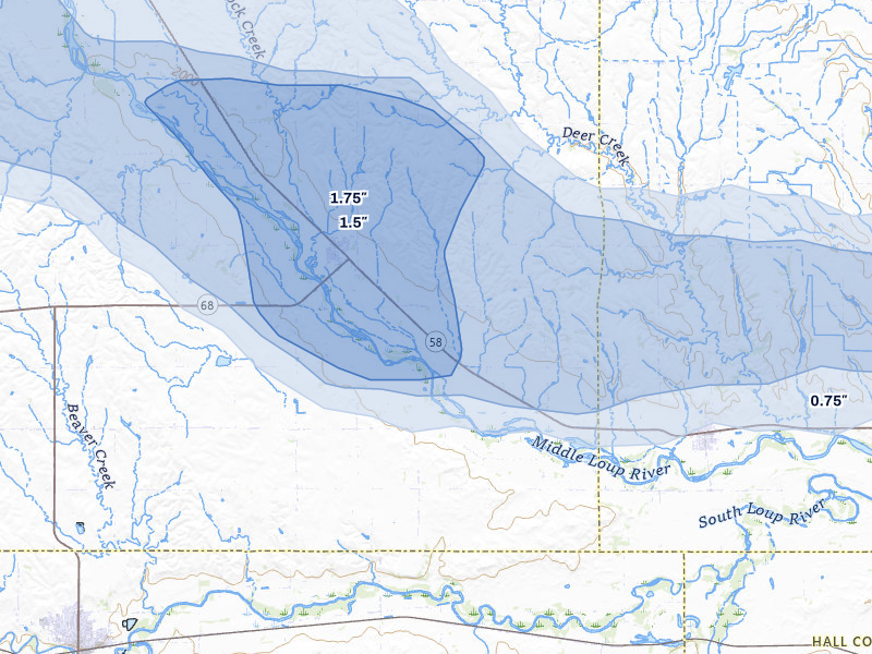 NEXRAD radar-signature map of the hail storm over Rockville, NE on Aug 8, 2026