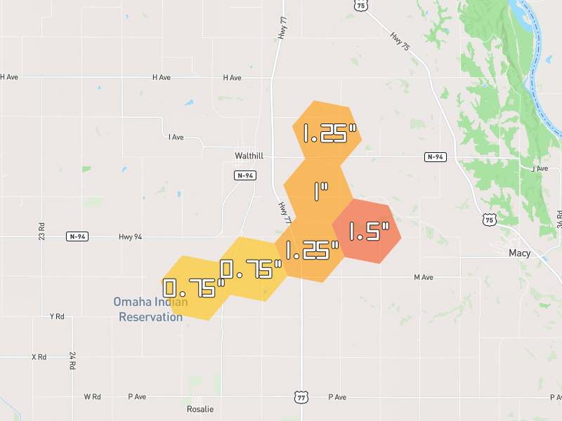 Hail map of Rosalie, NE on Jul 9, 2026, hail up to 1.5"