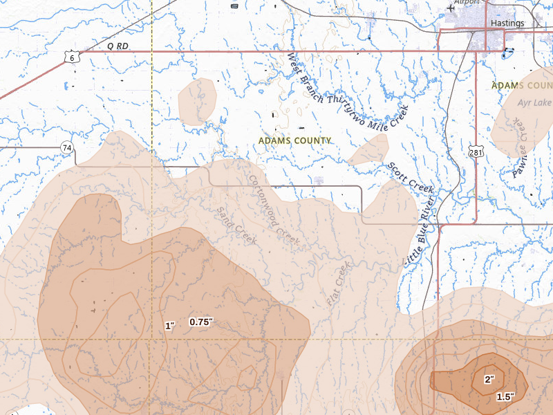 Radar-estimated hail-size map of the storm over Roseland, NE on May 16, 2026
