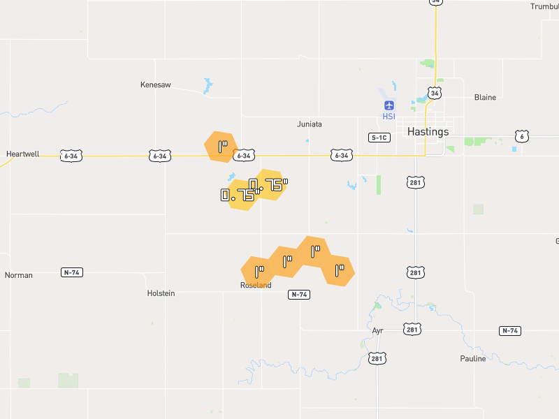 Hail map of Roseland, NE on Jun 3, 2026, hail up to 1"