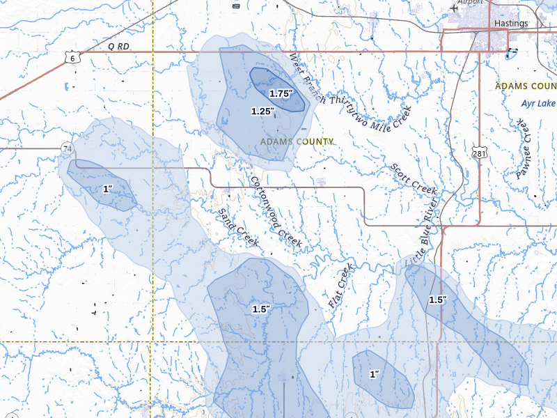 NEXRAD radar-signature map of the hail storm over Roseland, NE on Jul 8, 2026