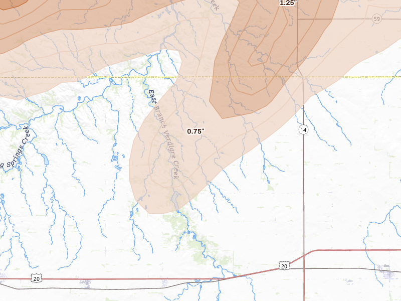 Radar-estimated hail-size map of the storm over Royal, NE on Jun 29, 2026