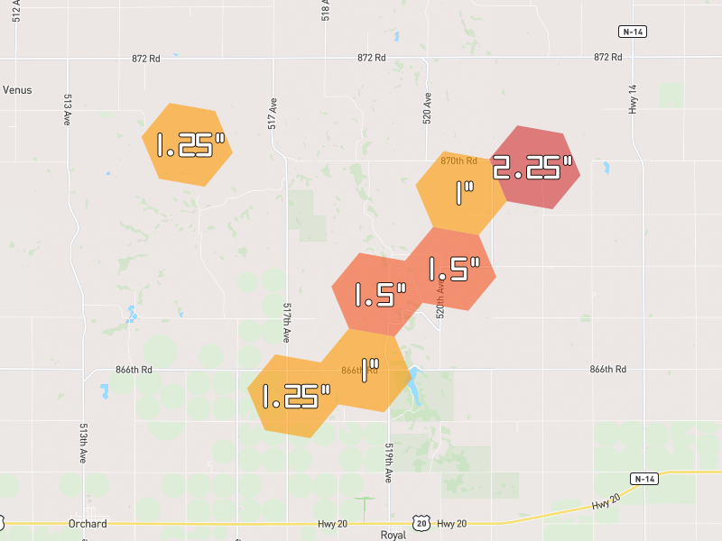 Hail map of Royal, NE on Jun 30, 2026, hail up to 2.25"