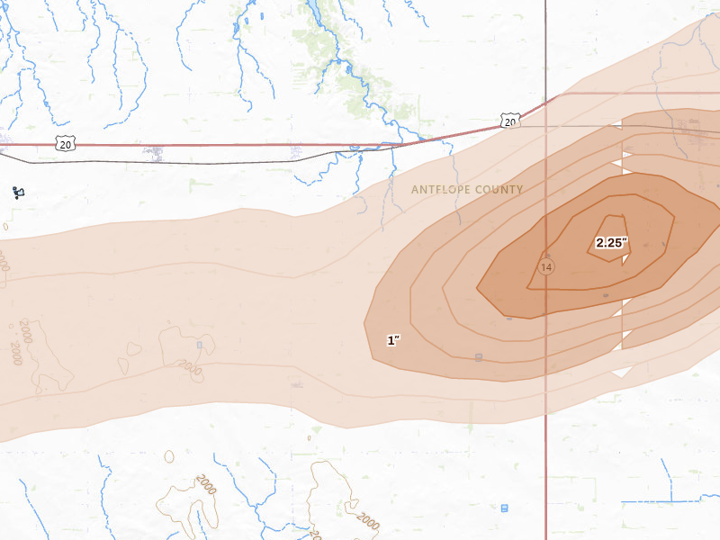 Radar-estimated hail-size map of the storm over Royal, NE on Sep 1, 2026