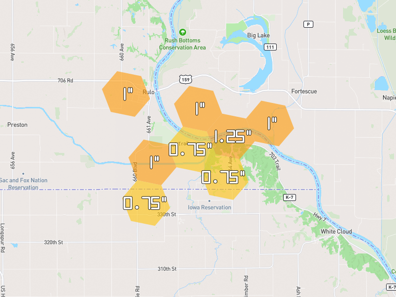 Hail map of Rulo, NE on Jul 4, 2026, hail up to 1.25"