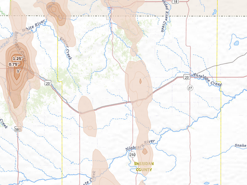 Radar-estimated hail-size map of the storm over Rushville, NE on May 30, 2026
