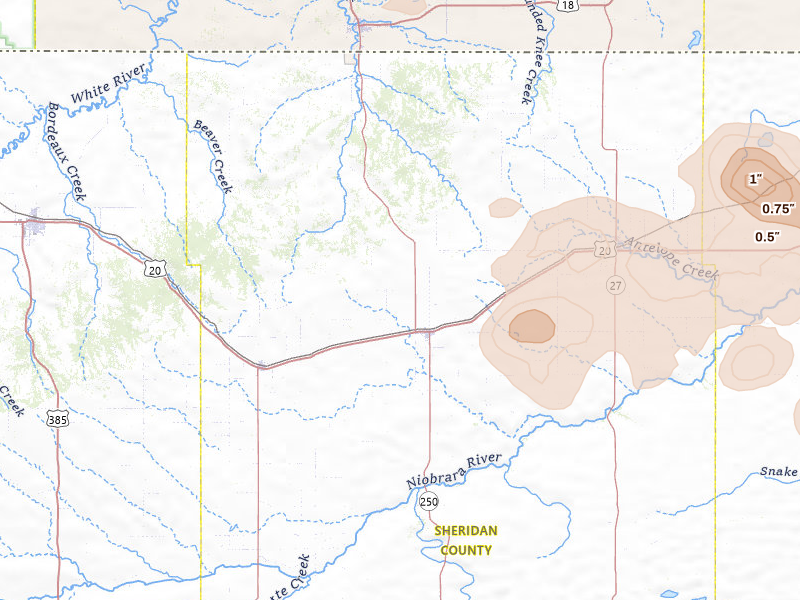 Radar-estimated hail-size map of the storm over Rushville, NE on Jun 4, 2026
