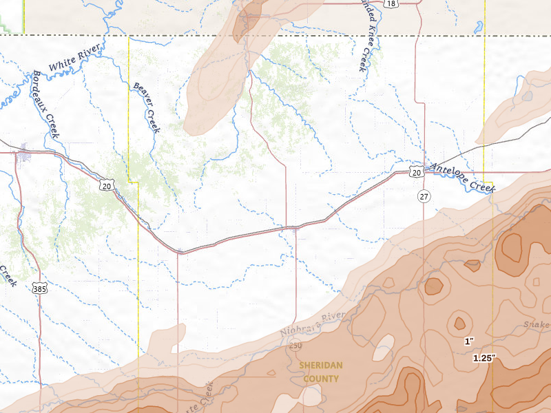 Radar-estimated hail-size map of the storm over Rushville, NE on Jun 27, 2026