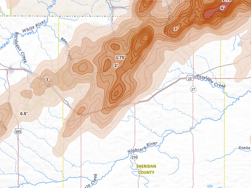 Radar-estimated hail-size map of the storm over Rushville, NE on Jun 28, 2026