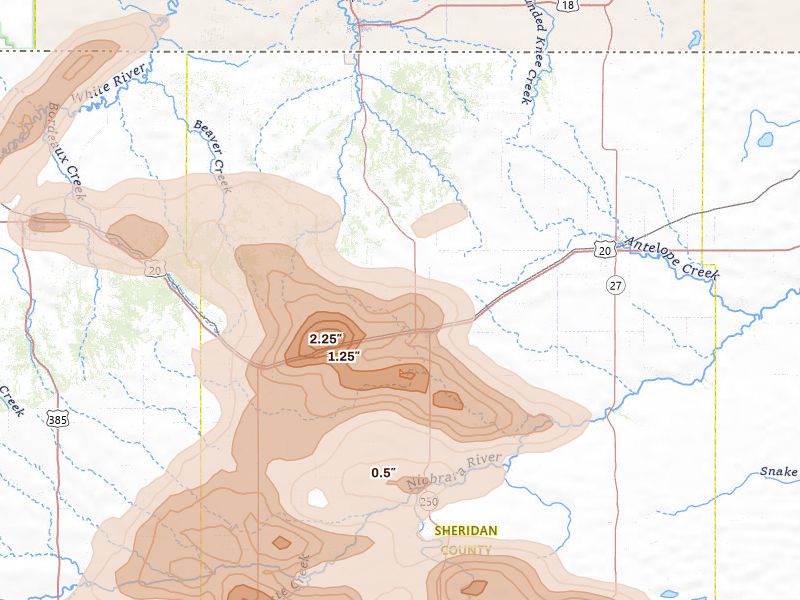 Radar-estimated hail-size map of the storm over Rushville, NE on Jul 3, 2026