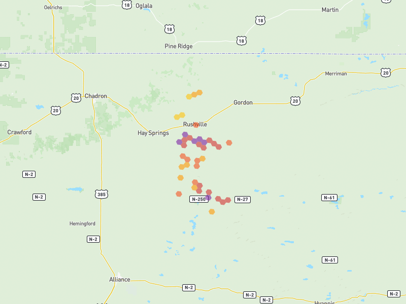 Hail map of Rushville, NE on Jul 3, 2026, hail up to 3"