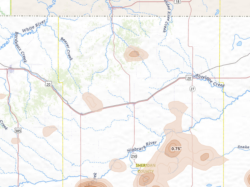 Radar-estimated hail-size map of the storm over Rushville, NE on Jul 6, 2026