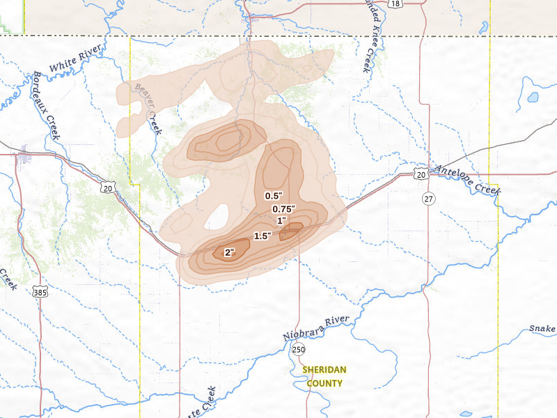 Radar-estimated hail-size map of the storm over Rushville, NE on Jul 7, 2026