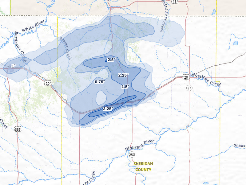 NEXRAD radar-signature map of the hail storm over Rushville, NE on Jul 7, 2026