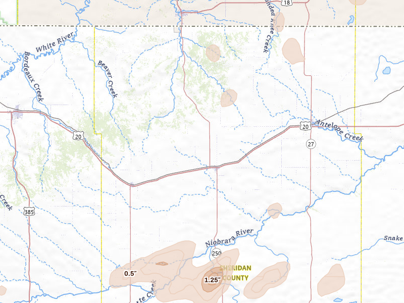 Radar-estimated hail-size map of the storm over Rushville, NE on Jul 29, 2026