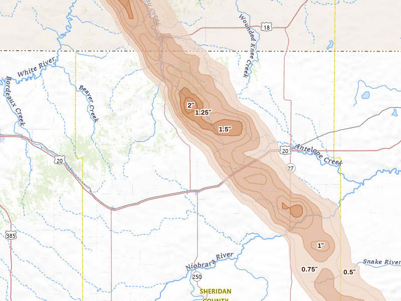 Radar-estimated hail-size map of the storm over Rushville, NE on Aug 11, 2026