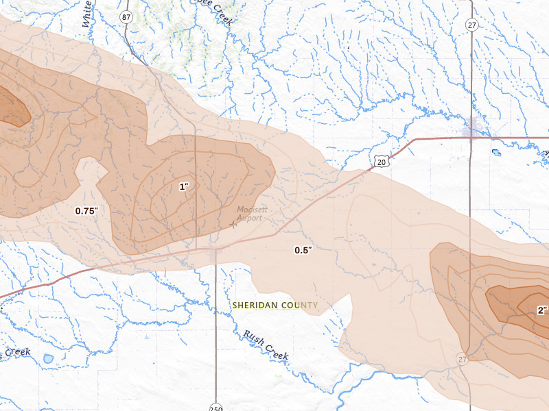 Radar-estimated hail-size map of the storm over Rushville, NE on Aug 12, 2026