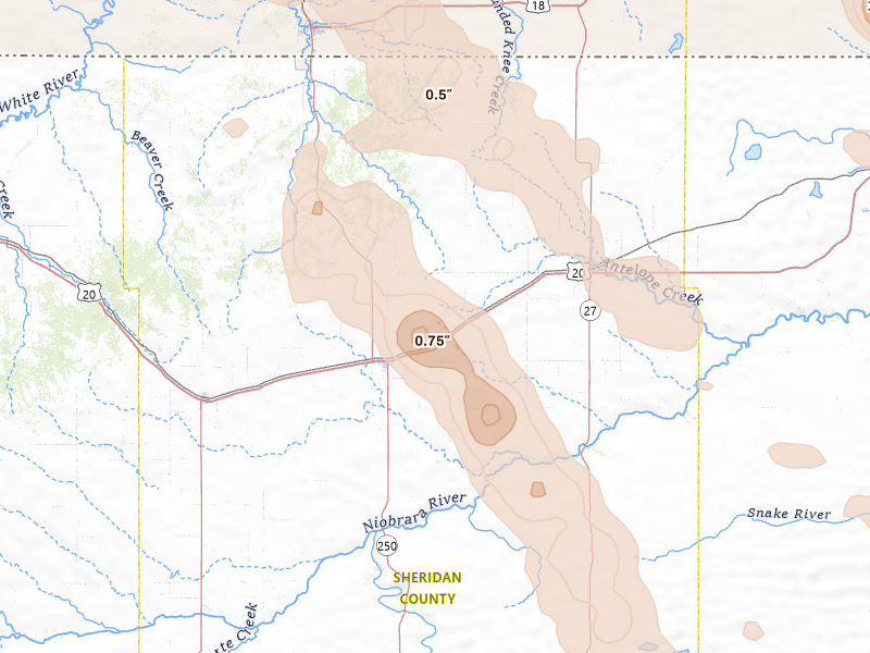 Radar-estimated hail-size map of the storm over Rushville, NE on Aug 16, 2026