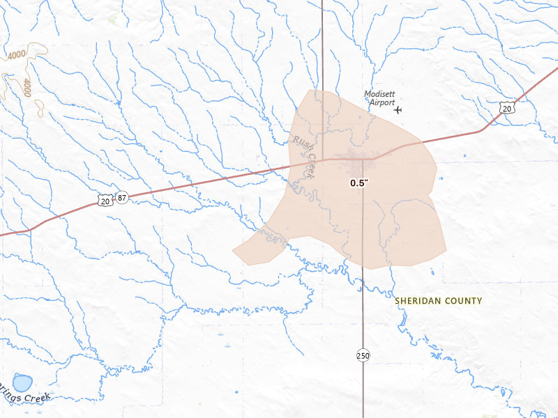 Radar-estimated hail-size map of the storm over Rushville, NE on Aug 21, 2026