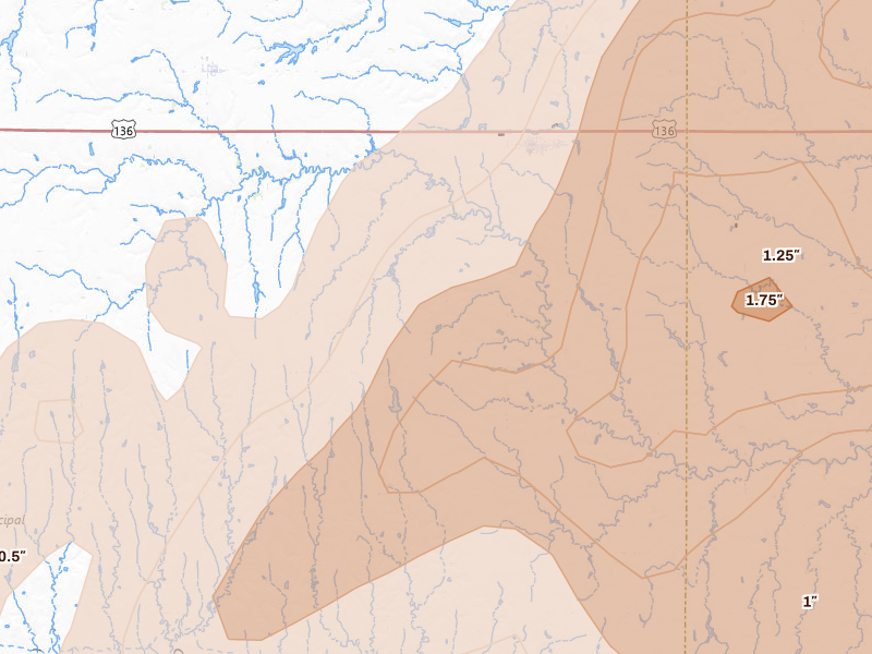 Radar-estimated hail-size map of the storm over Ruskin, NE on May 17, 2026