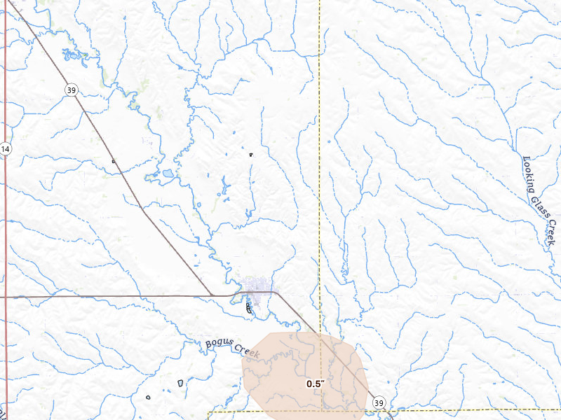 Radar-estimated hail-size map of the storm over Saint Edward, NE on May 16, 2026